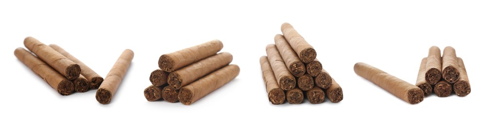 Image of Set of cigars wrapped in tobacco leaves on white background. Banner design