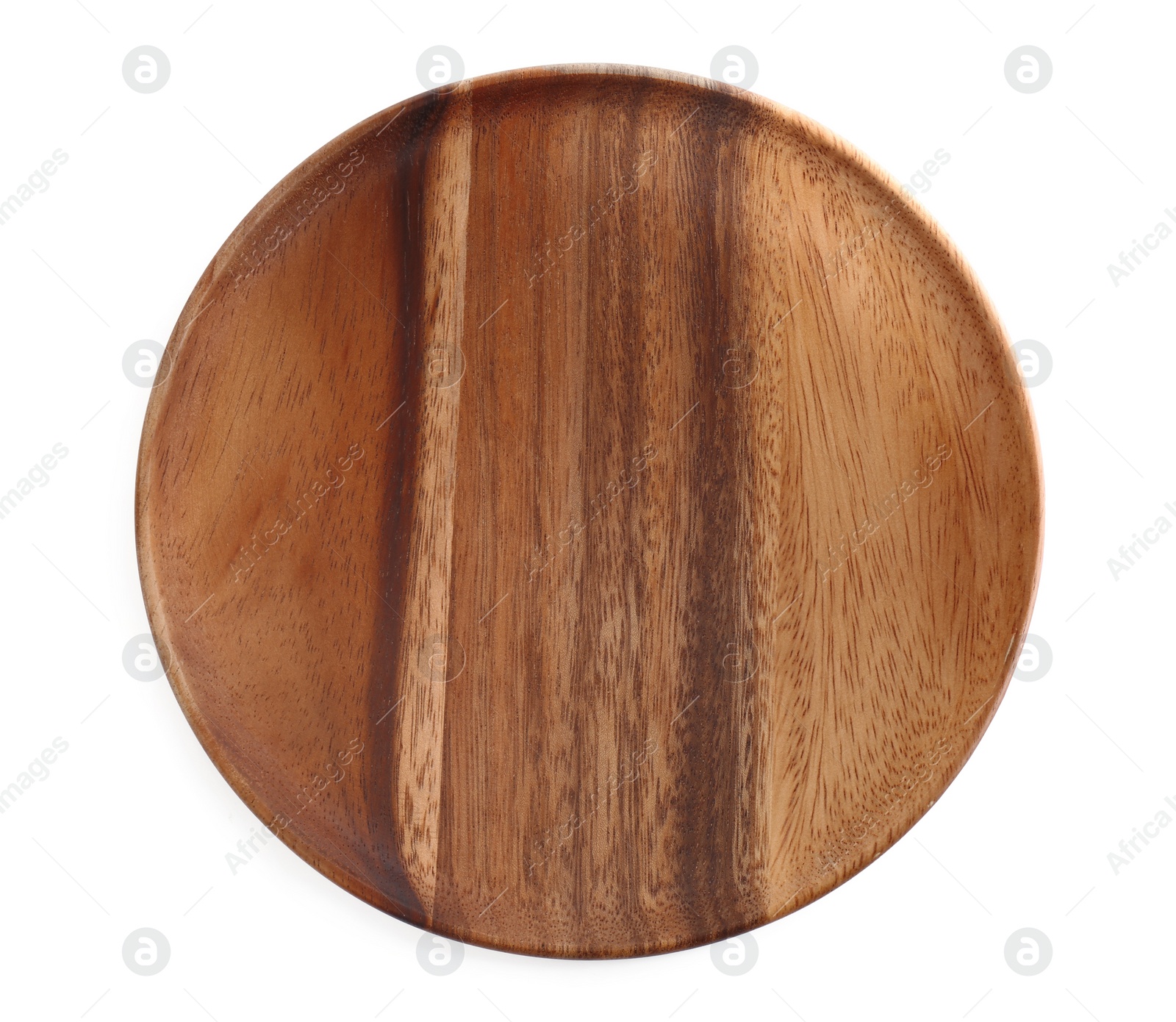 Photo of Wooden plate on white background, top view