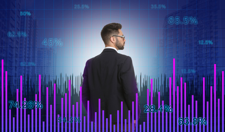 Image of Financial schemes, businessman and cityscape on background. Stock exchange trading