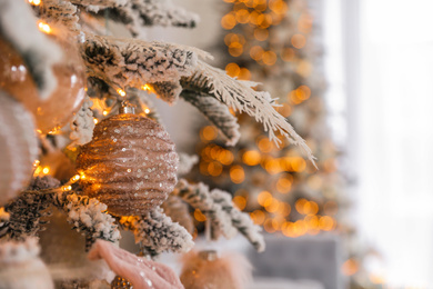 Christmas tree branch with ball indoors, closeup. Festive interior decoration