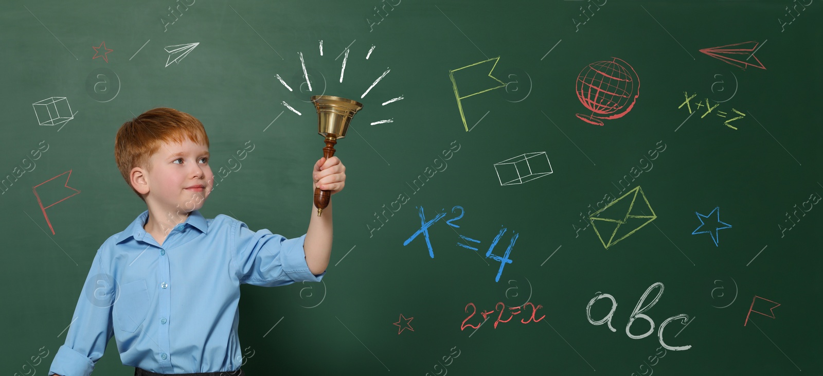 Image of Pupil holding school bell near green chalkboard with drawings and inscriptions, banner design