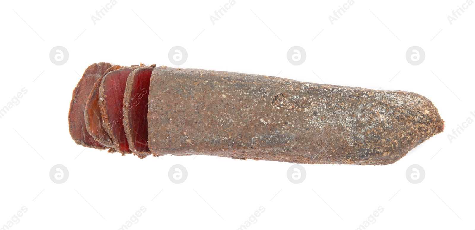 Photo of Delicious sliced dry-cured beef basturma on white background, top view