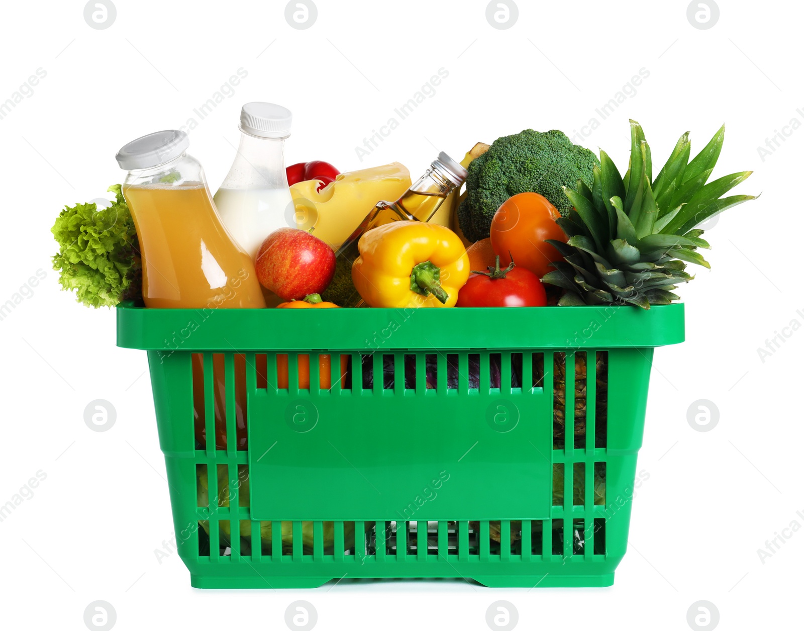 Photo of Shopping basket with grocery products on white background