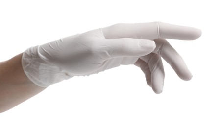 Photo of Woman wearing medical glove on white background, closeup