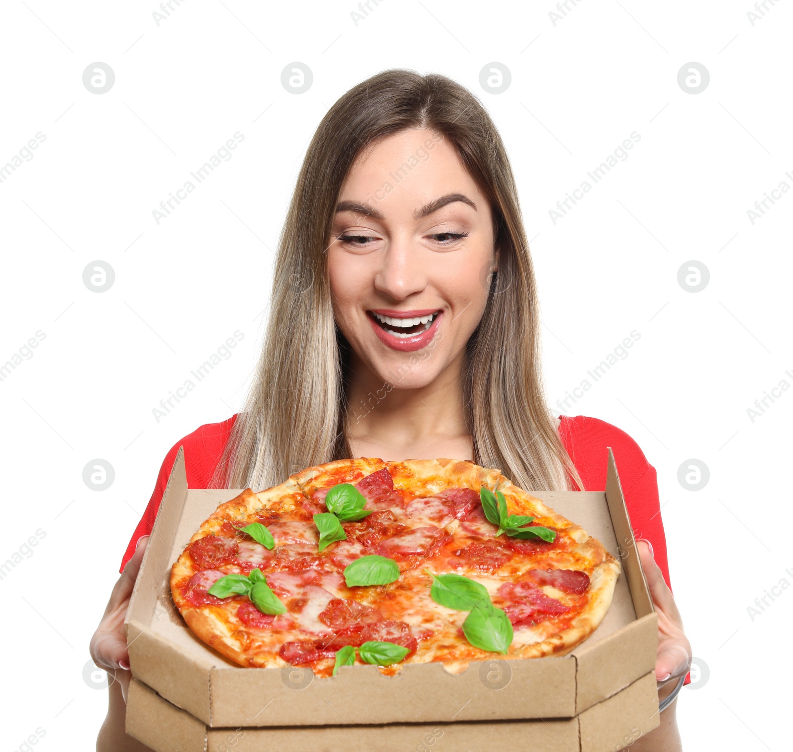 Photo of Attractive young woman with delicious pizza on white background