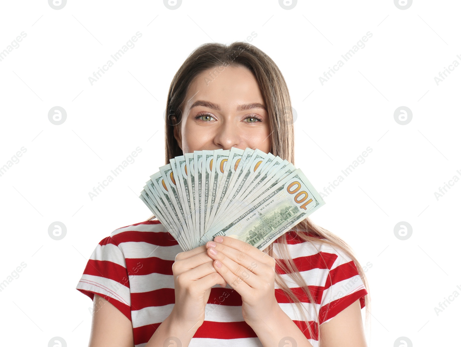 Photo of Young woman with money on white background