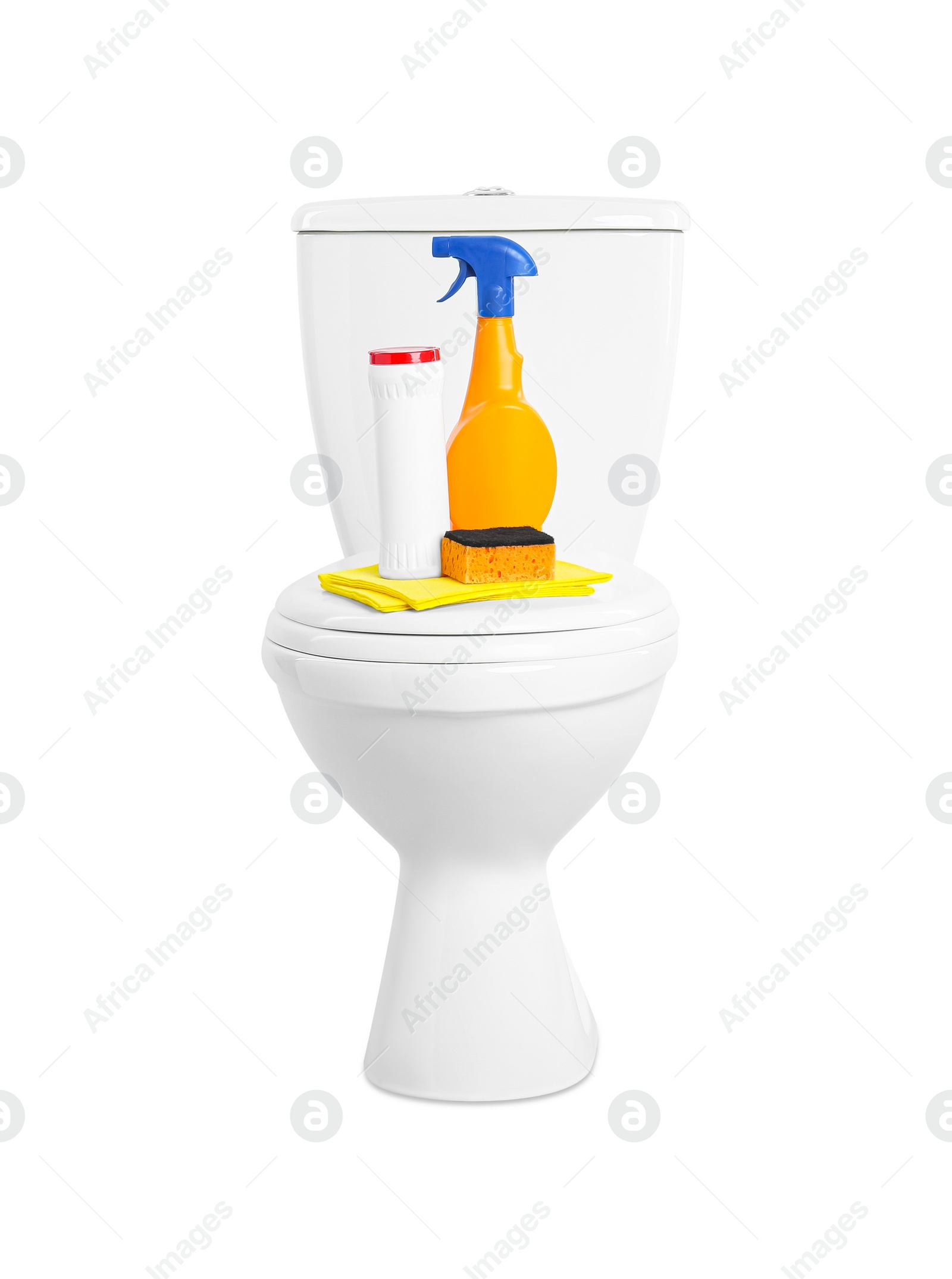 Photo of Toilet bowl and cleaning supplies on white background