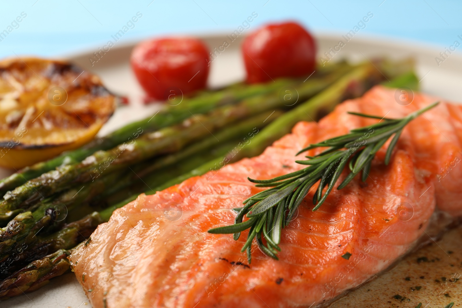 Photo of Tasty grilled salmon with asparagus and rosemary on plate, closeup