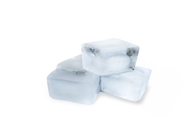 Photo of Ice cubes on white background. Frozen liquid