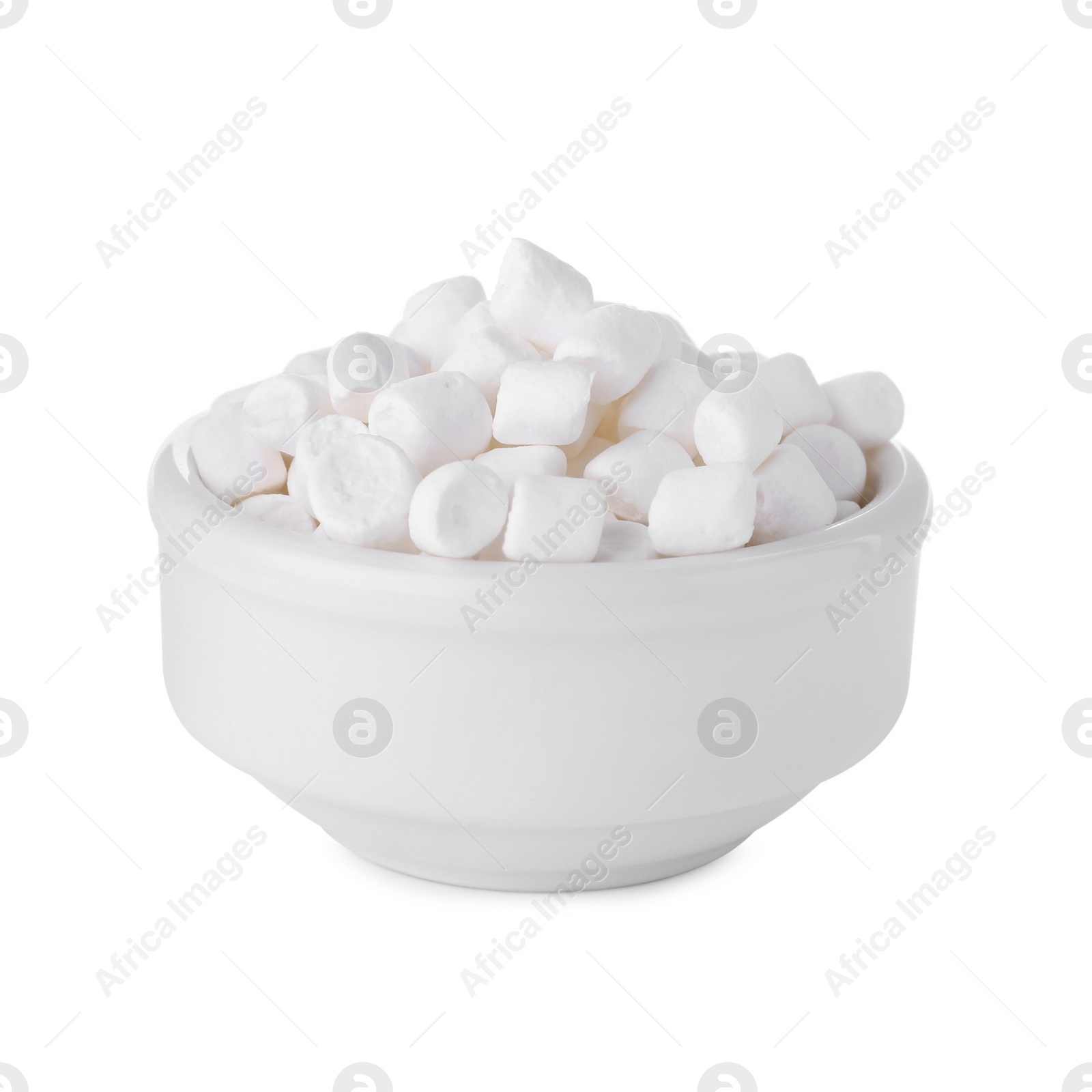 Photo of Bowl of delicious puffy marshmallows isolated on white