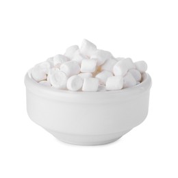 Bowl of delicious puffy marshmallows isolated on white