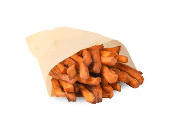 Photo of Paper bag with tasty sweet potato fries isolated on white