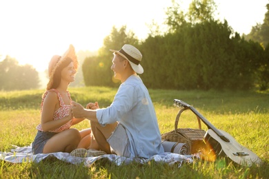 Photo of Happy couple with guitar and picnic basket in park on sunny day