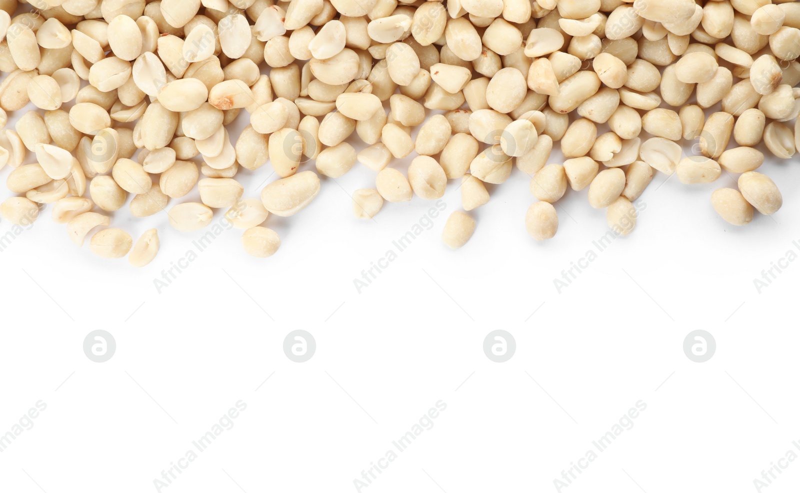 Photo of Composition with peanuts and space for text on white background, top view