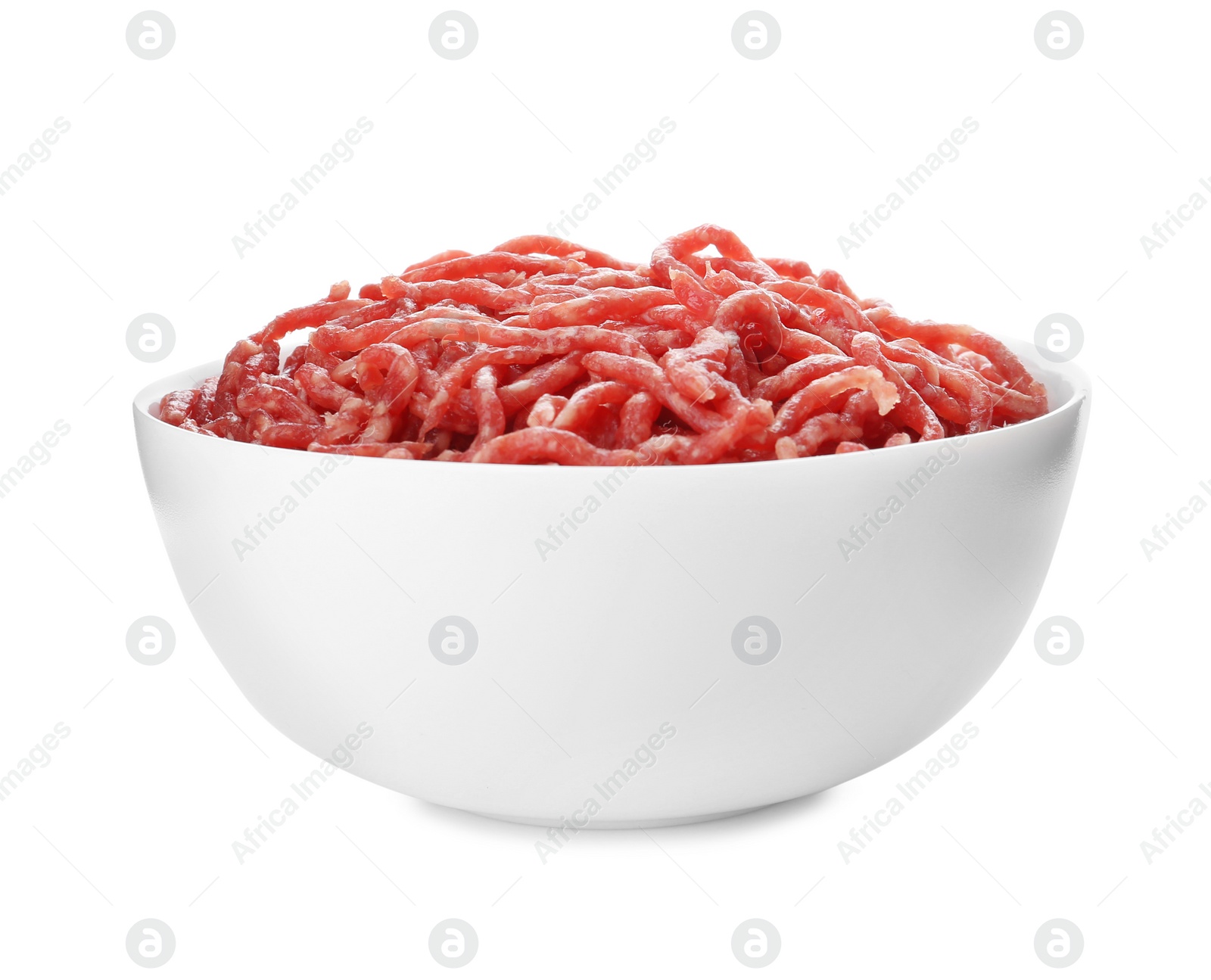 Photo of Fresh raw minced meat on white background