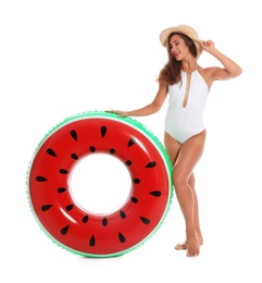 Photo of Beautiful young woman with inflatable ring on white background