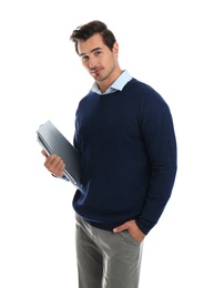 Photo of Young male teacher with notebooks on white background
