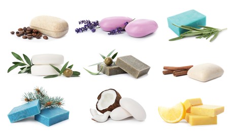Image of Set with handmade soap bars on white background