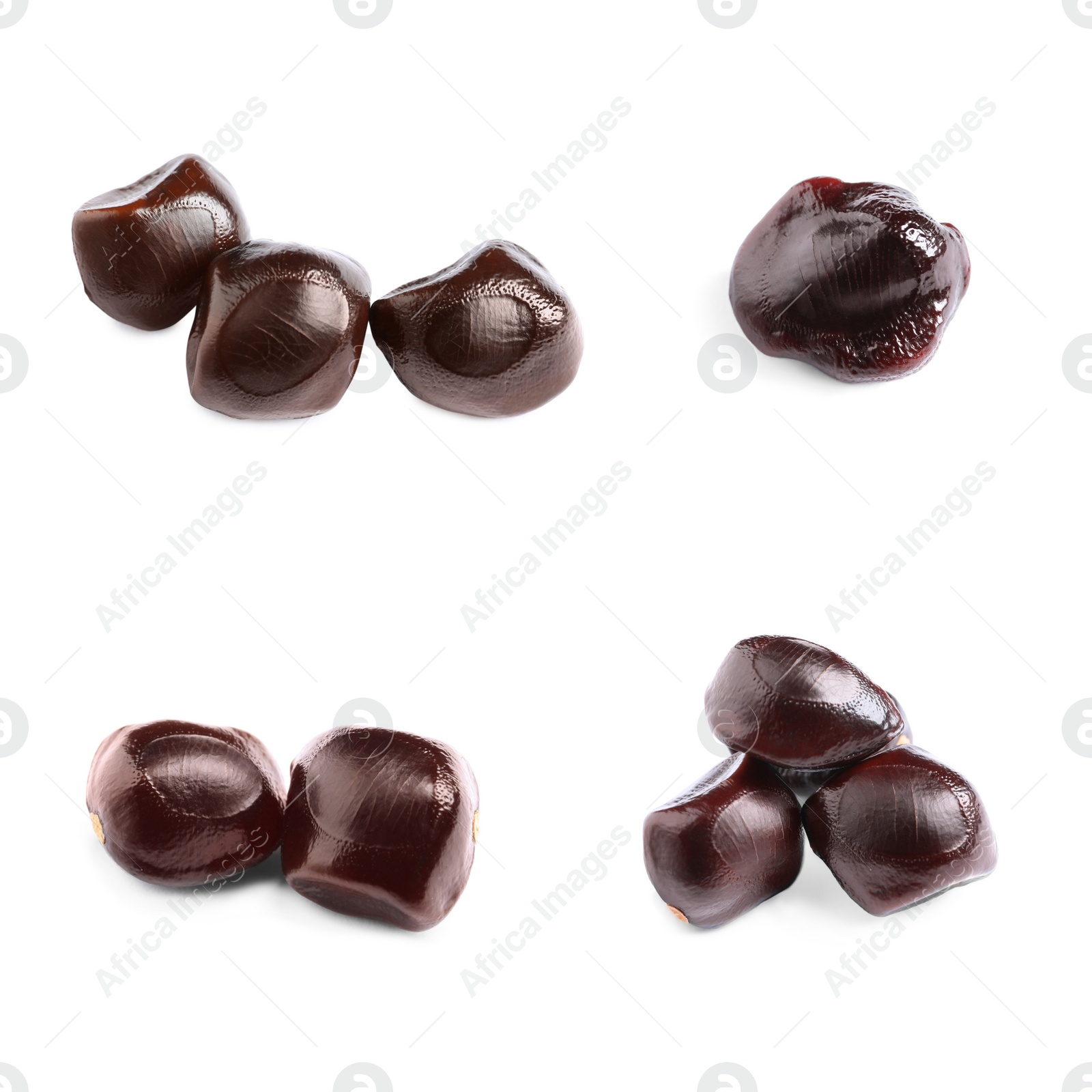Image of Set with brown tamarind seeds on white background