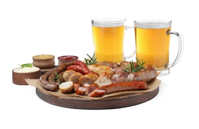 Photo of Set of different tasty snacks and beer on white background