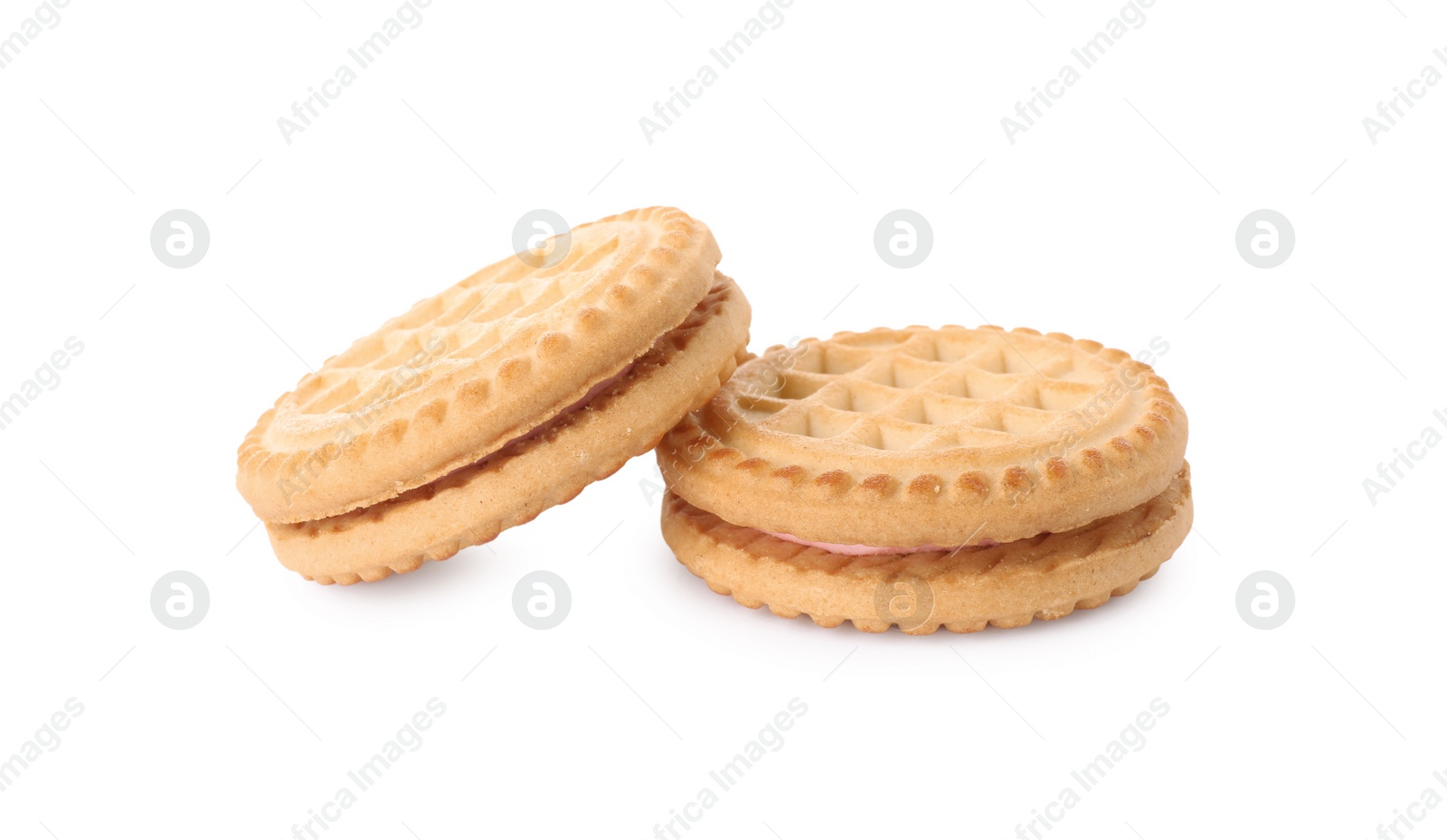 Photo of Tasty sandwich cookies with cream isolated on white