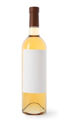 Photo of Bottle of delicious wine with blank label on white background