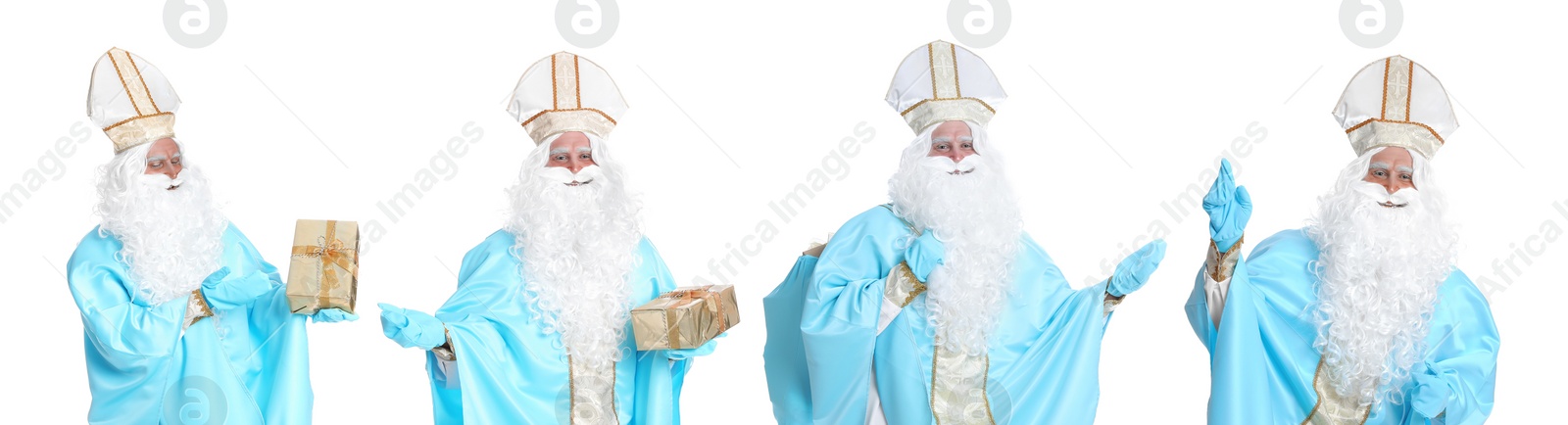 Image of Collage with photos of Saint Nicholas on white background. Banner design