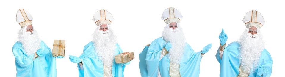 Collage with photos of Saint Nicholas on white background. Banner design