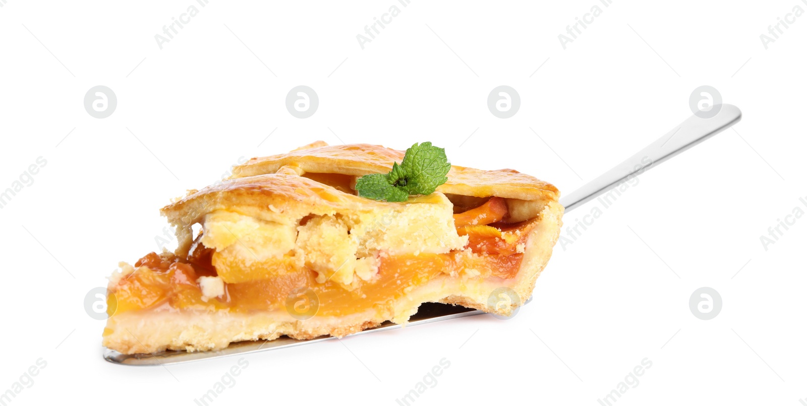 Photo of Slice of delicious fresh peach pie isolated on white