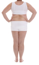 Overweight woman on white background, closeup. Weight loss