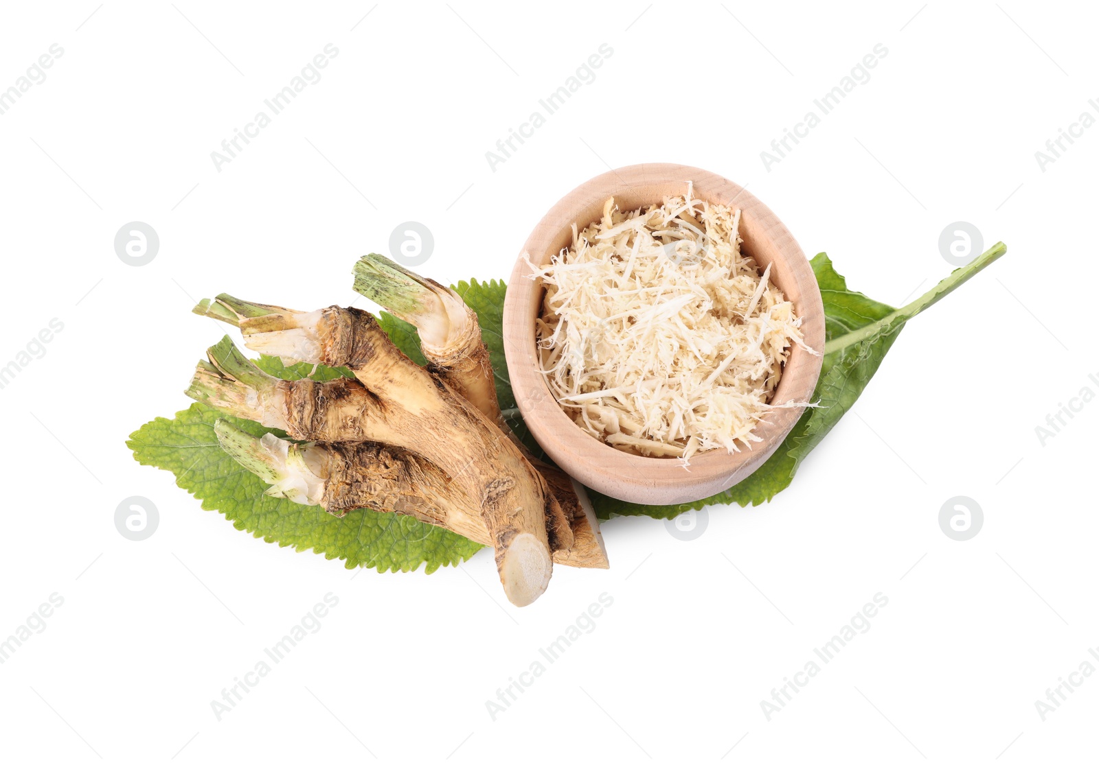 Photo of Grated and cut horseradish roots and leaf isolated on white, top view