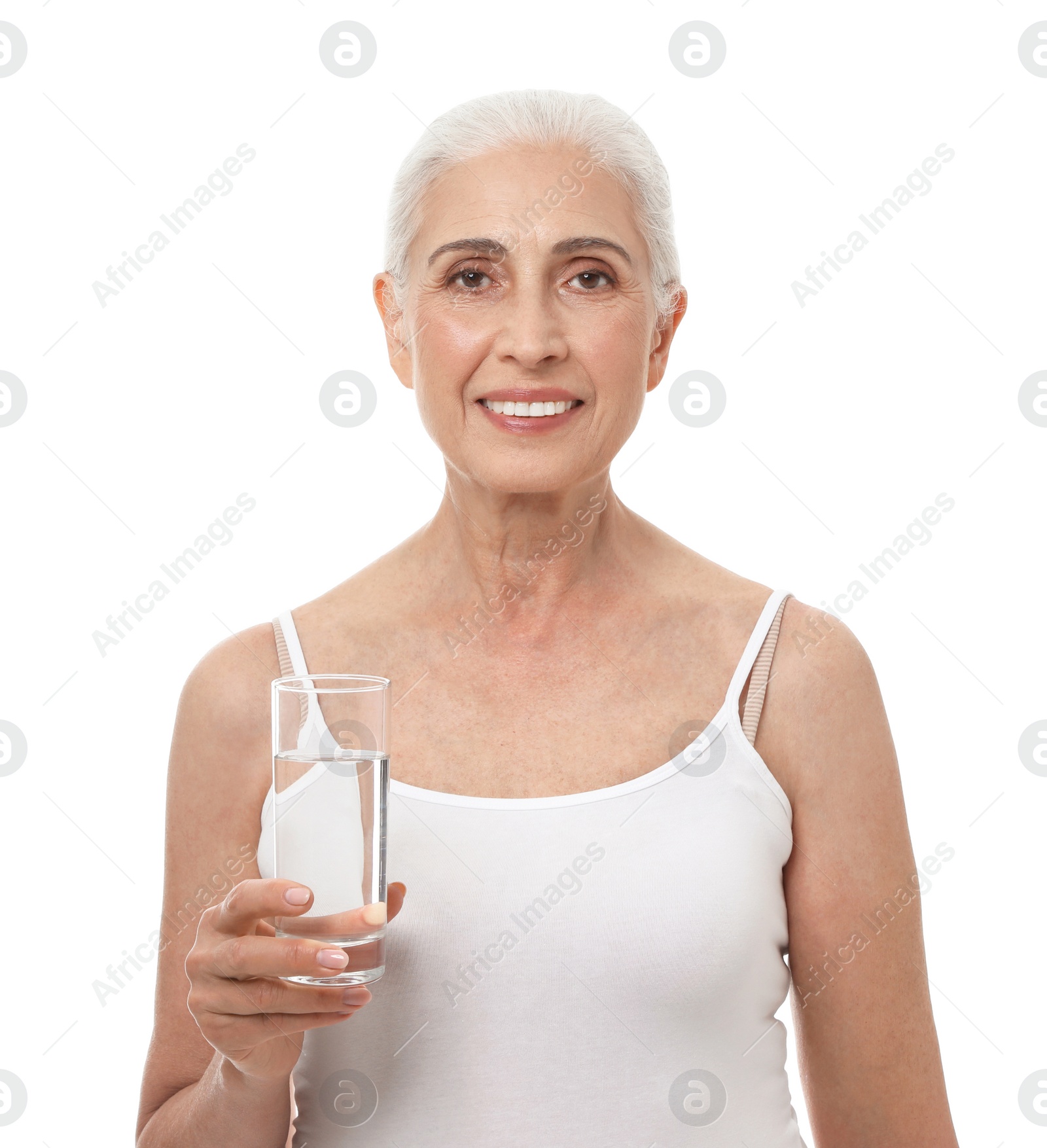 Photo of Portrait of beautiful mature woman with glass of water on white background