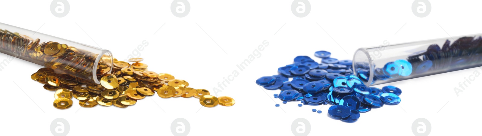 Image of Tubes with shiny blue and yellow sequins on white background