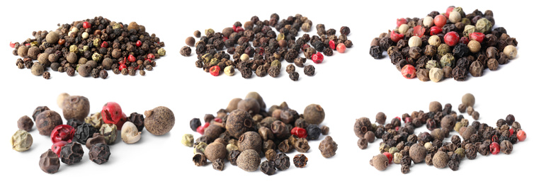 Image of Set of different peppercorns on white background. Banner design
