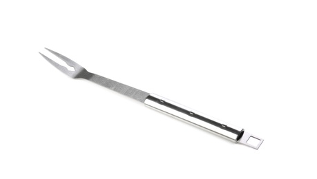 New metal barbecue fork on white background