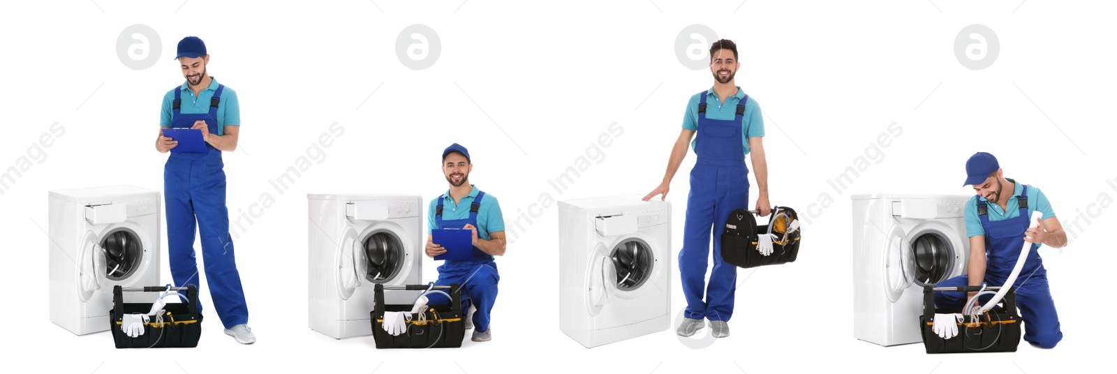 Image of Collage with photos of plumber on white background. Banner design 