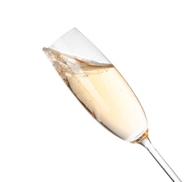 Photo of Glass of champagne on white background. Festive drink