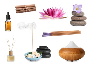 Image of Incense sticks and other items for aromatherapy on white background, collage 