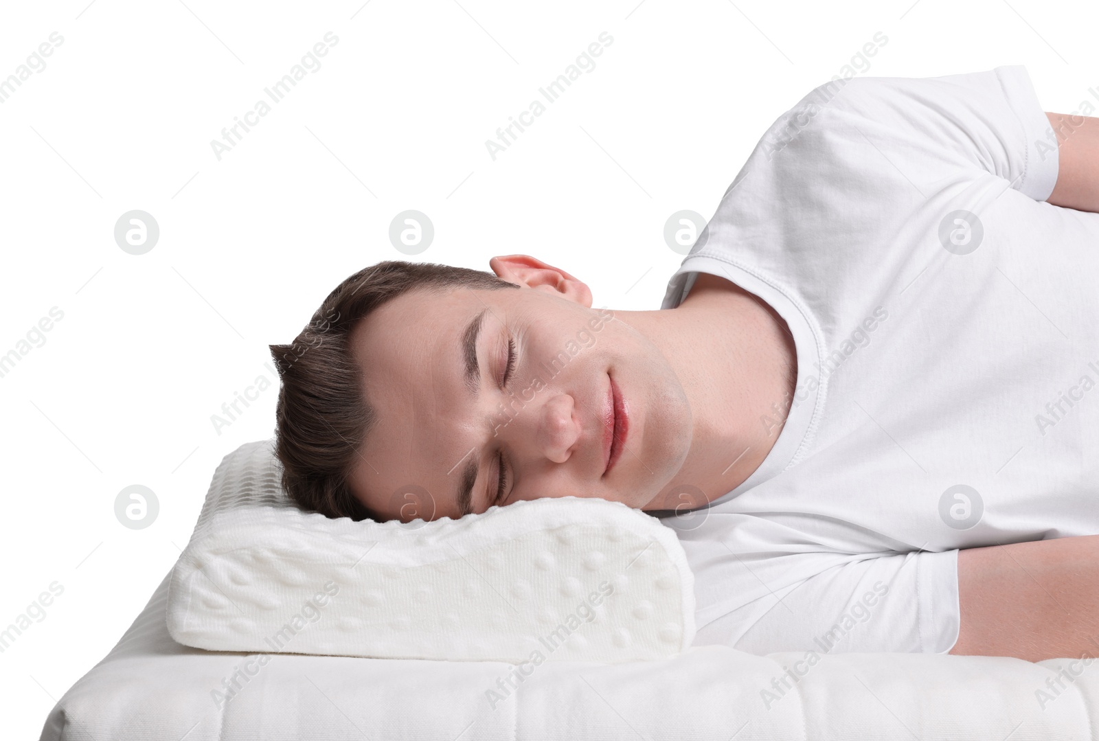 Photo of Man sleeping on orthopedic pillow against white background