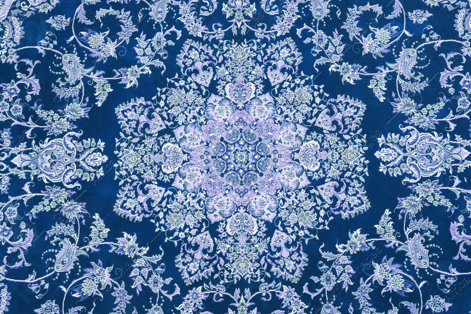 Image of Soft blue carpet with beautiful pattern as background, top view