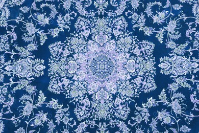 Image of Soft blue carpet with beautiful pattern as background, top view