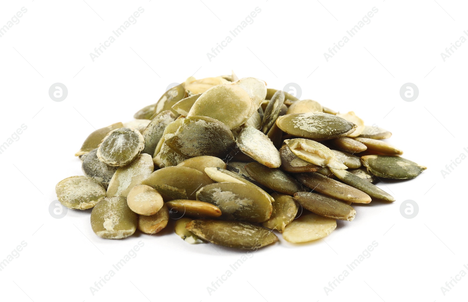 Photo of Pile of raw pumpkin seeds on white background