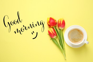 Image of Spring tulips and coffee on yellow background, flat lay. Good morning