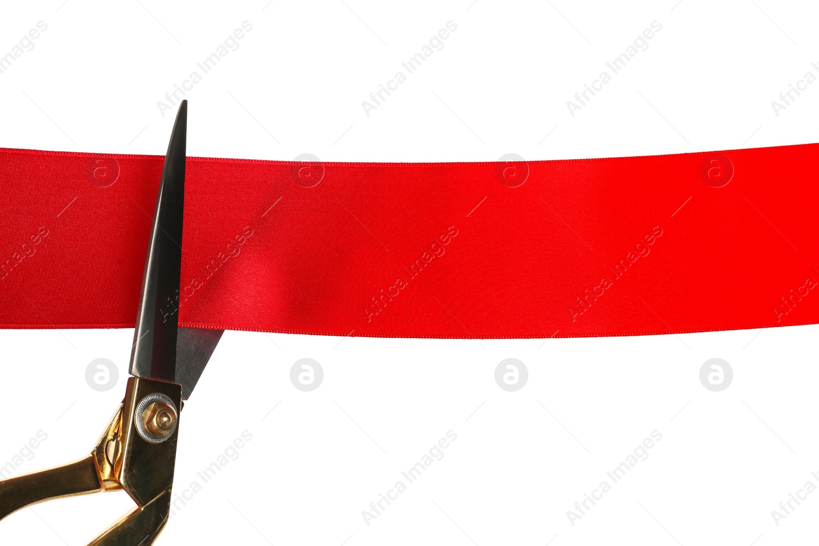 Photo of Cutting red ribbon with scissors on white background