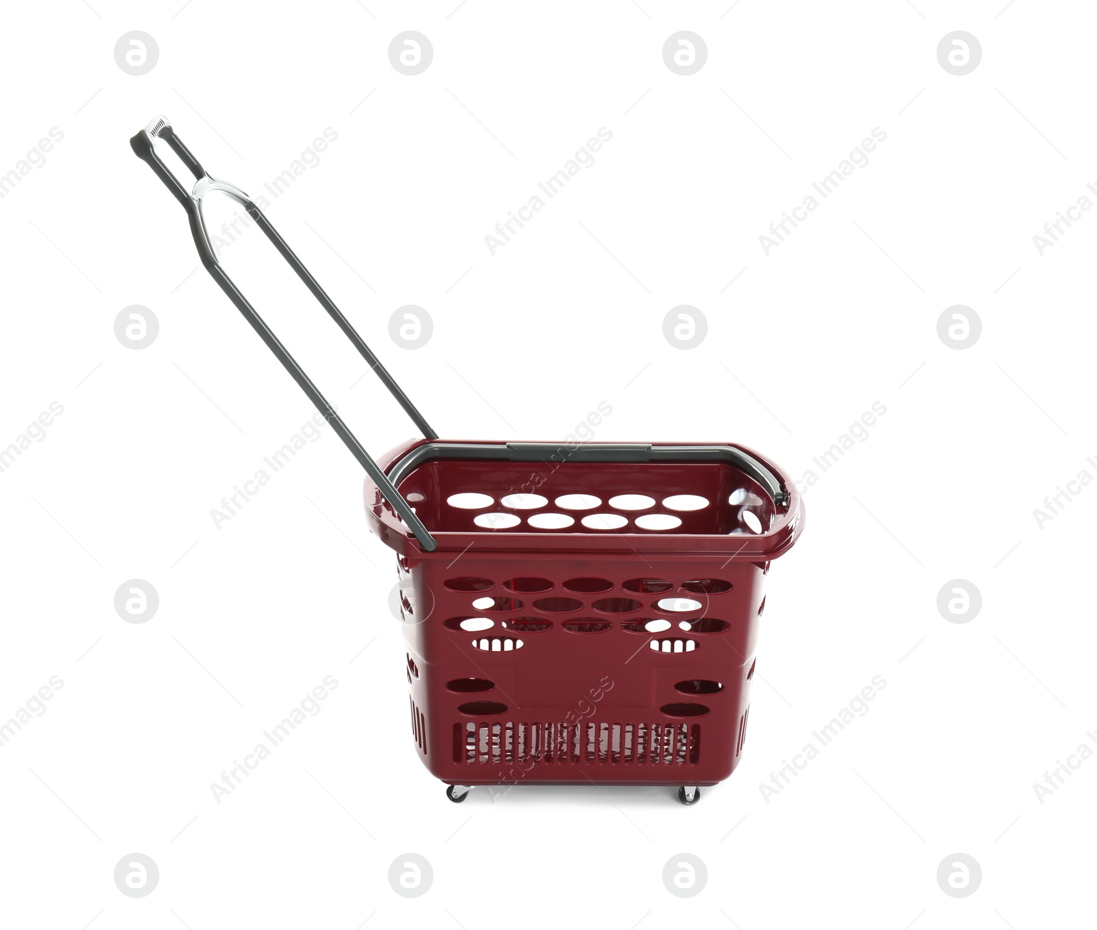 Photo of Red empty shopping basket isolated on white