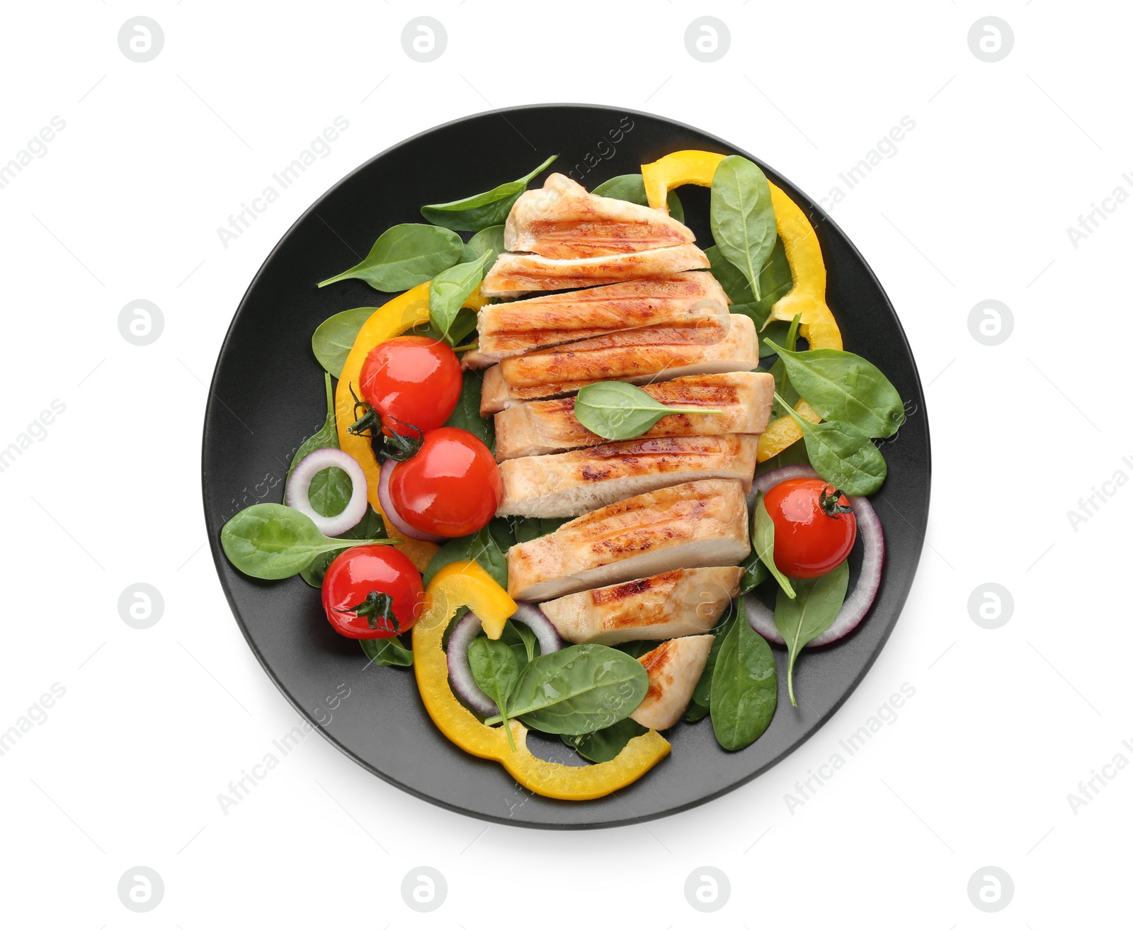 Photo of Delicious grilled chicken with fresh vegetables and spinach isolated on white, top view