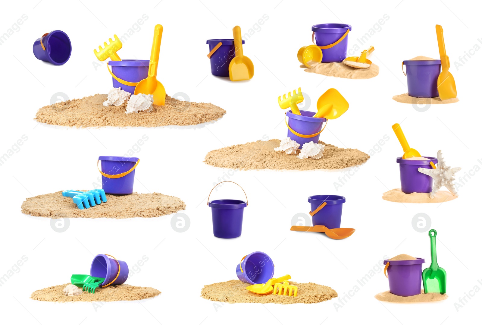 Image of Set of different plastic beach toys on white background 