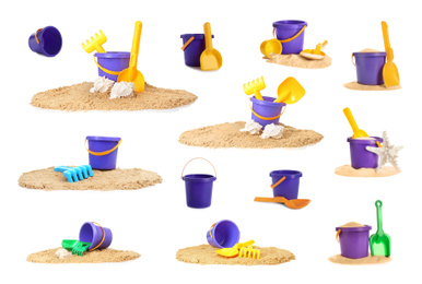 Image of Set of different plastic beach toys on white background 