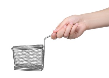 Woman holding metal basket for French fries on white background, closeup