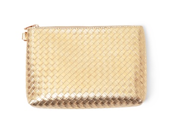 Stylish female gold clutch on white background, top view